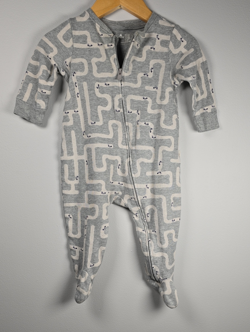 GAP Gray and Cream Ant Maze-Print Footed One-Piece Cotton.